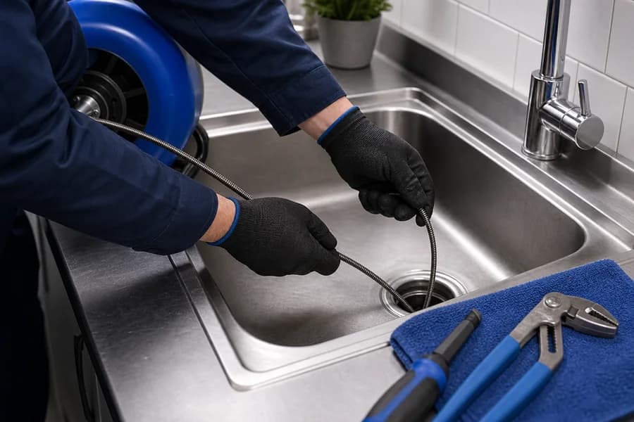 Drain snake clearing a clean sink drain