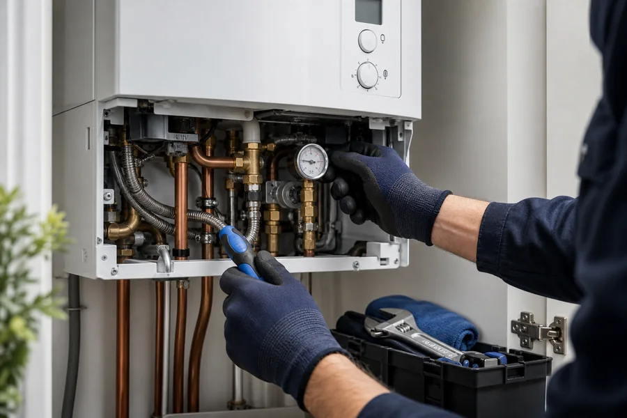 Clean boiler repair with pipework and pressure gauge
