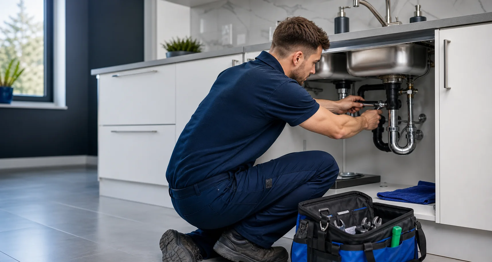 Professional plumber repairing pipework under a modern kitchen sink