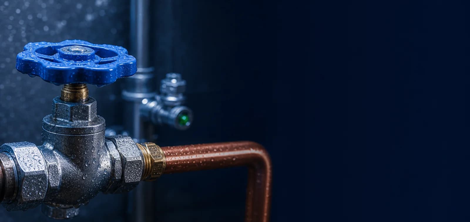 Blue plumbing valve and copper pipework