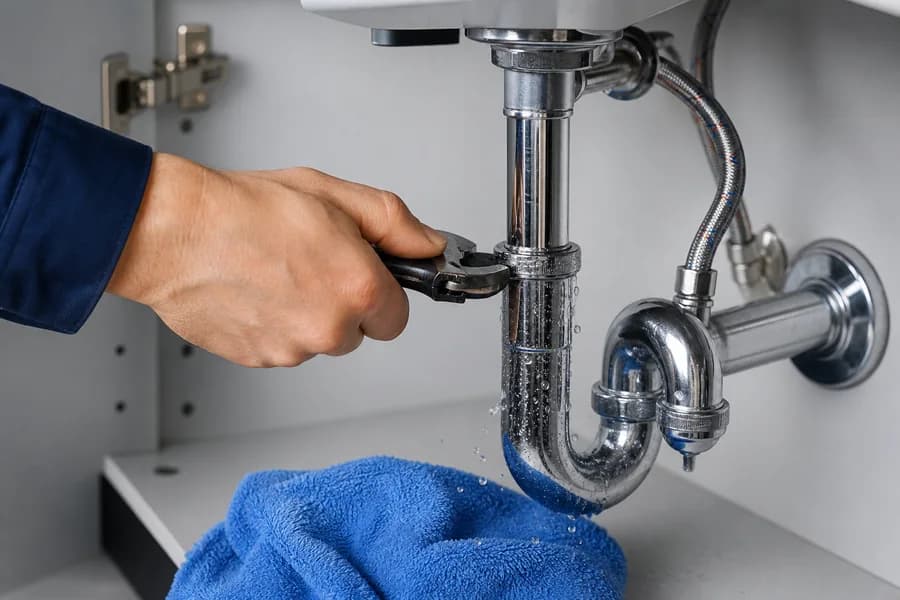 Plumber tightening a sink pipe joint